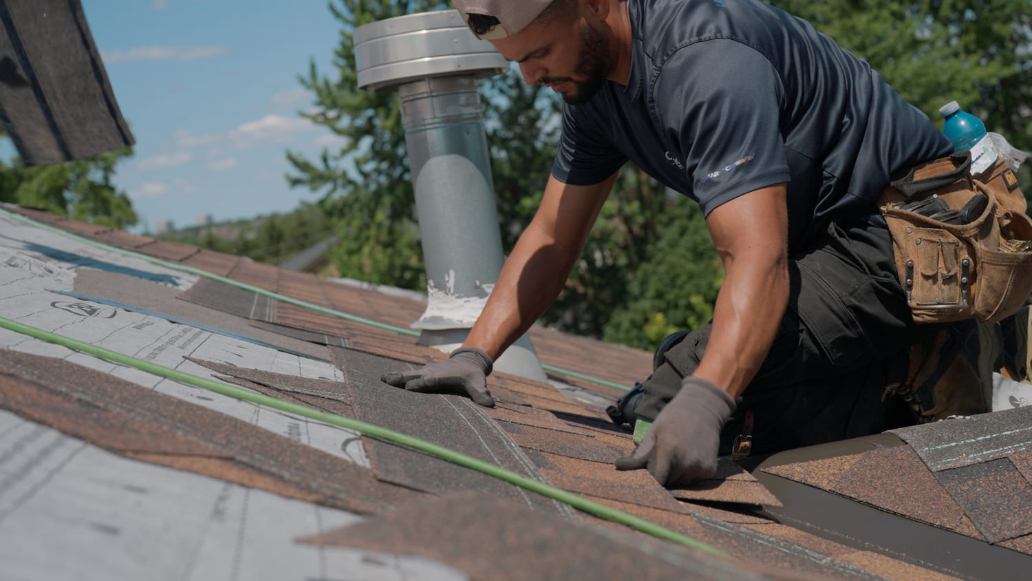 Your Roof Specialist crew member laying new shingles over synthetic underlayment beside a vent stack during a roof replacement in Kitchener-Waterloo